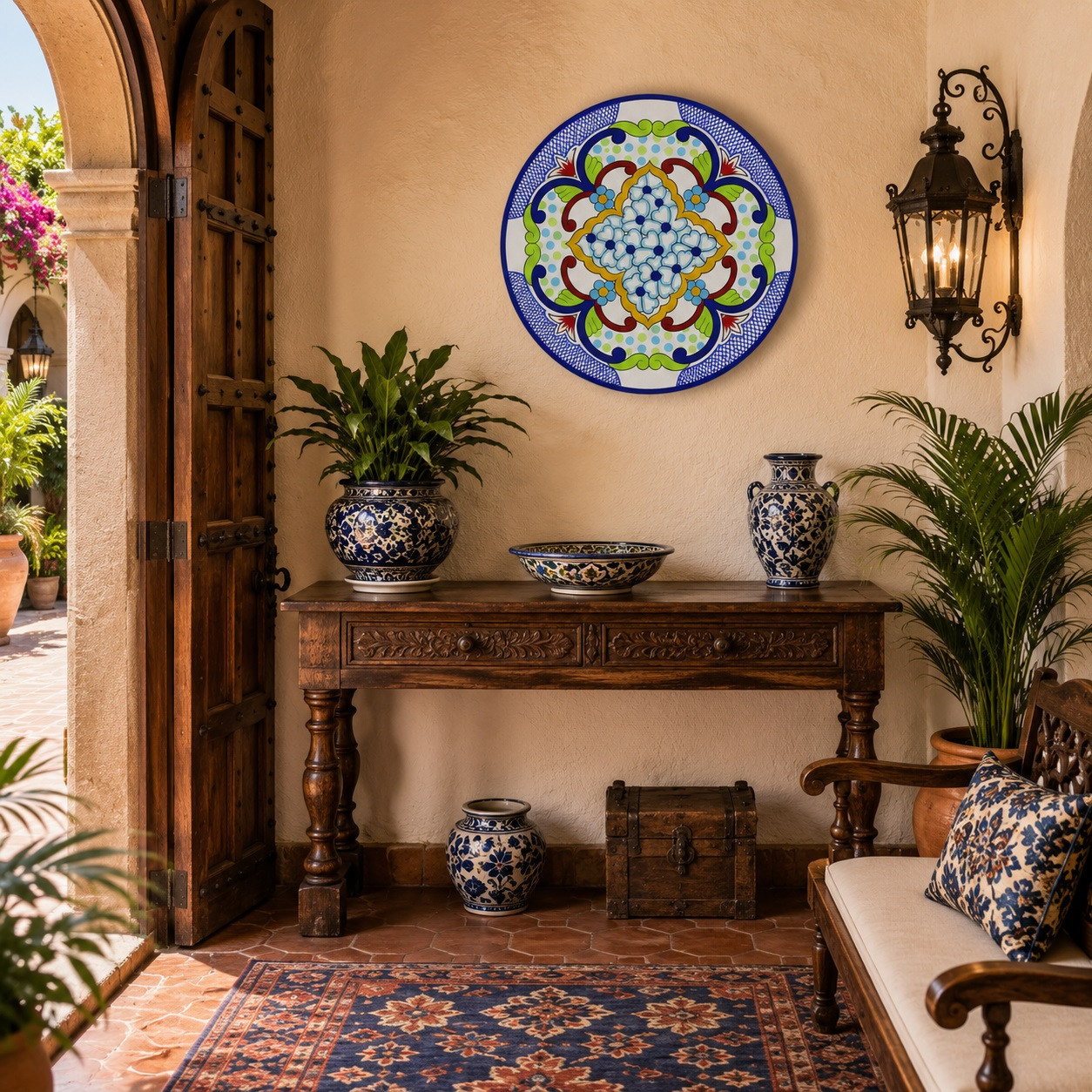 Blue floral decorative talavera plate with green scrollwork pattern enhancing a colonial entryway with classic architectural details and charm