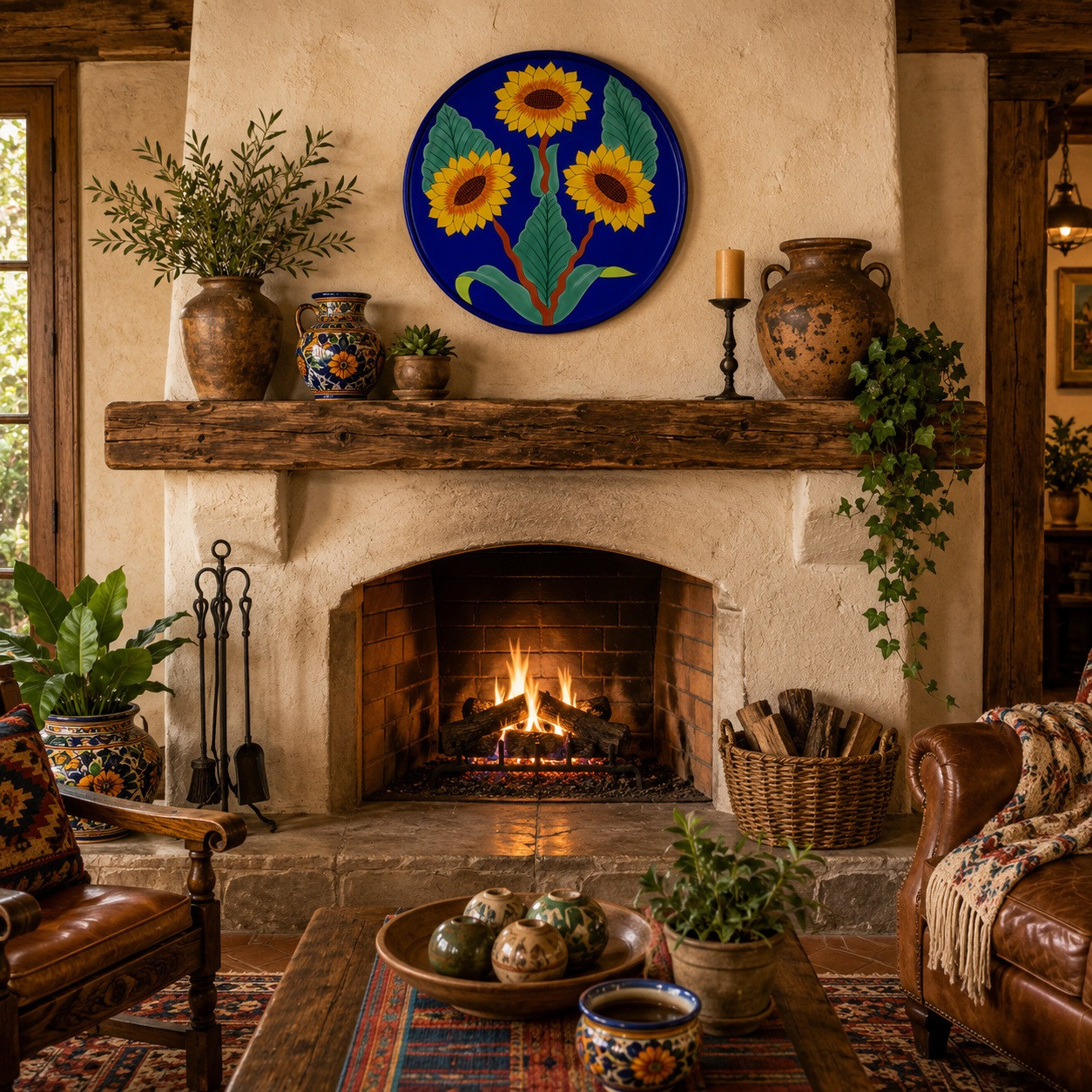 Sunflower decorative talavera Pplate with cobalt blue background displayed above a rustic fireplace with natural textures