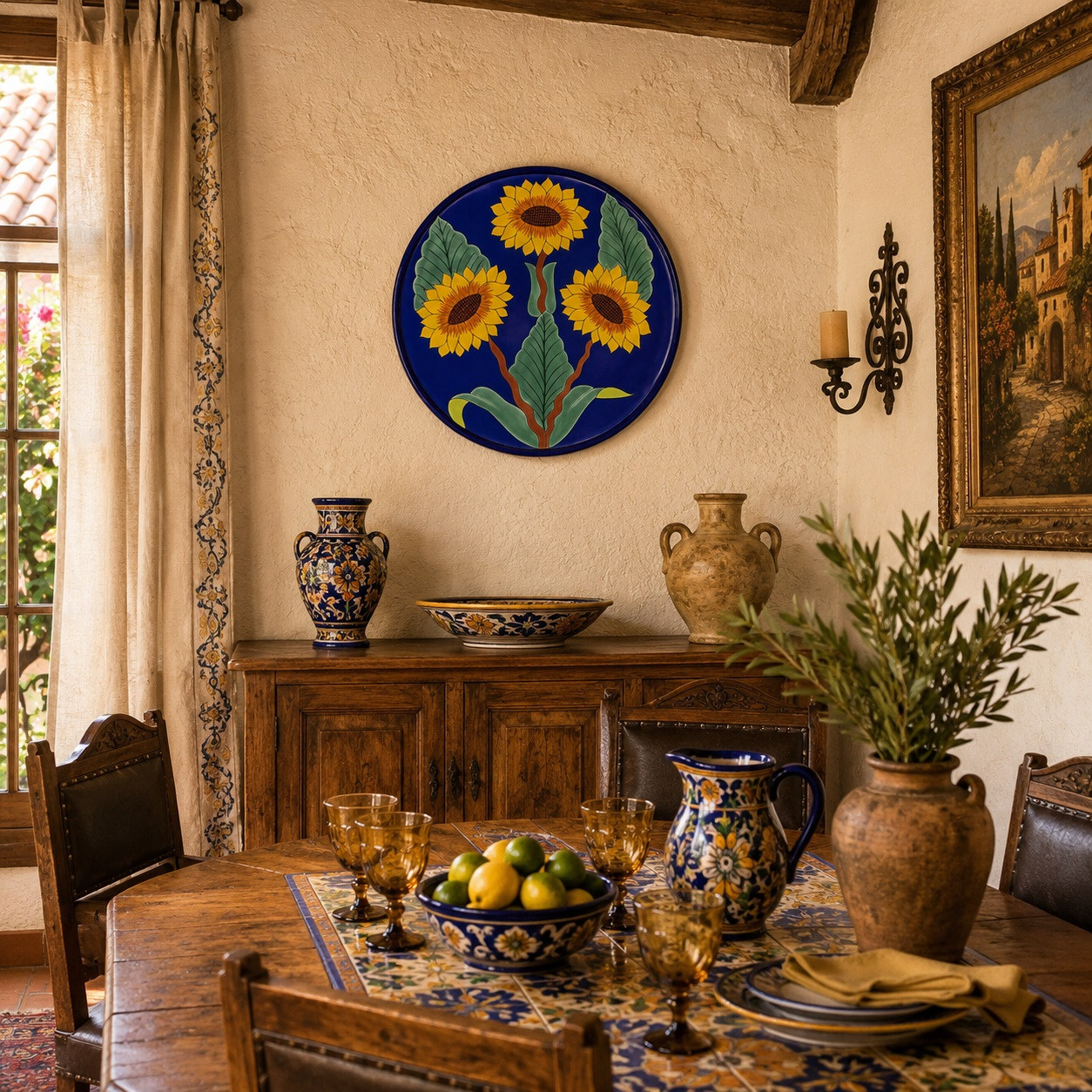 Sunflower decorative talavera Pplate with cobalt blue background decorating a traditional Spanish dining room with elegant furnishings