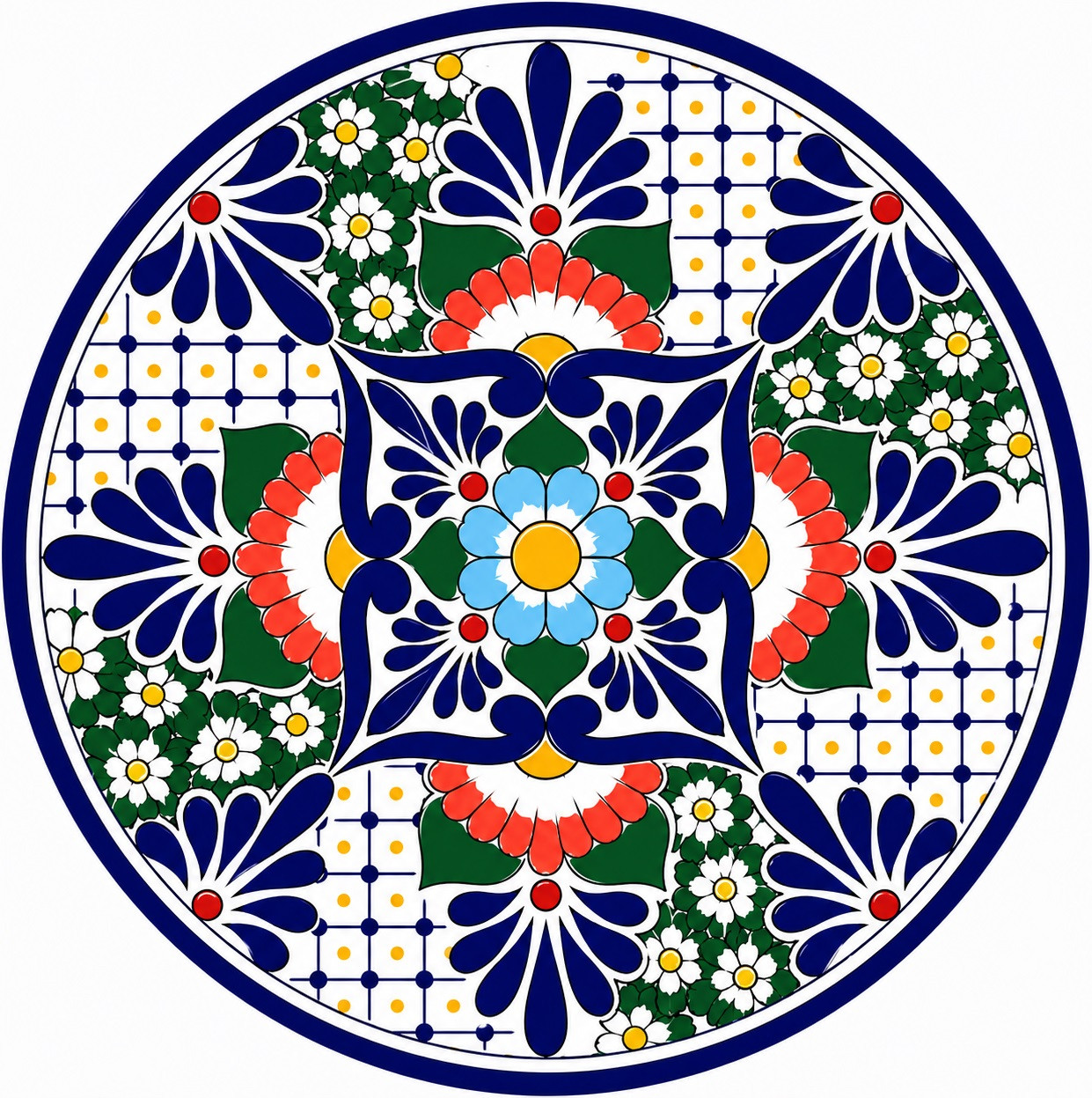 Blue floral geometric decorative talavera plate traditional Mexican design