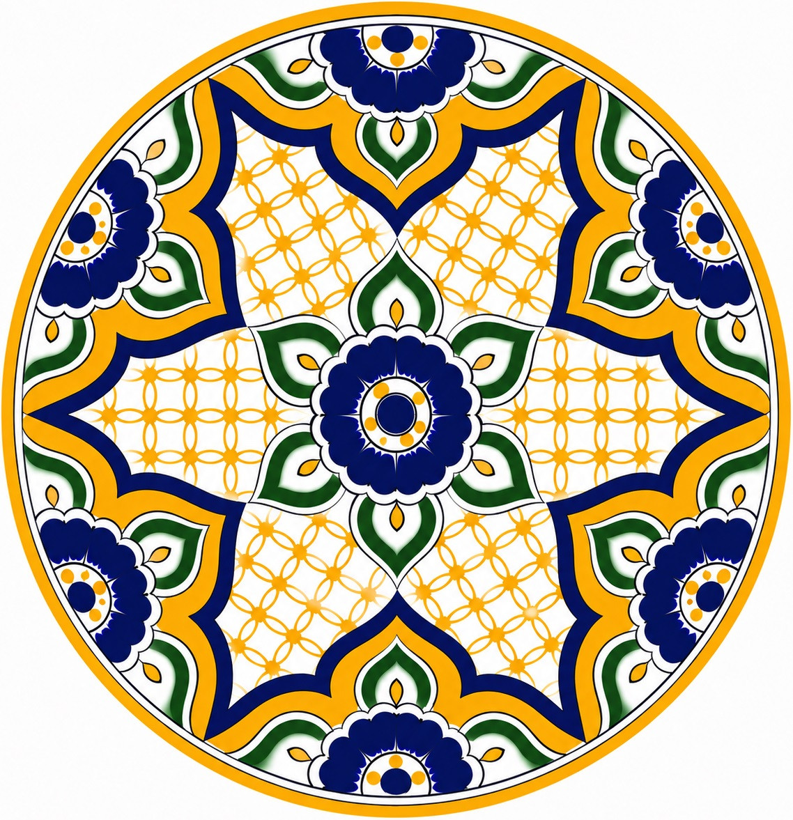 Yellow lattice decorative talavera plate with cobalt floral design