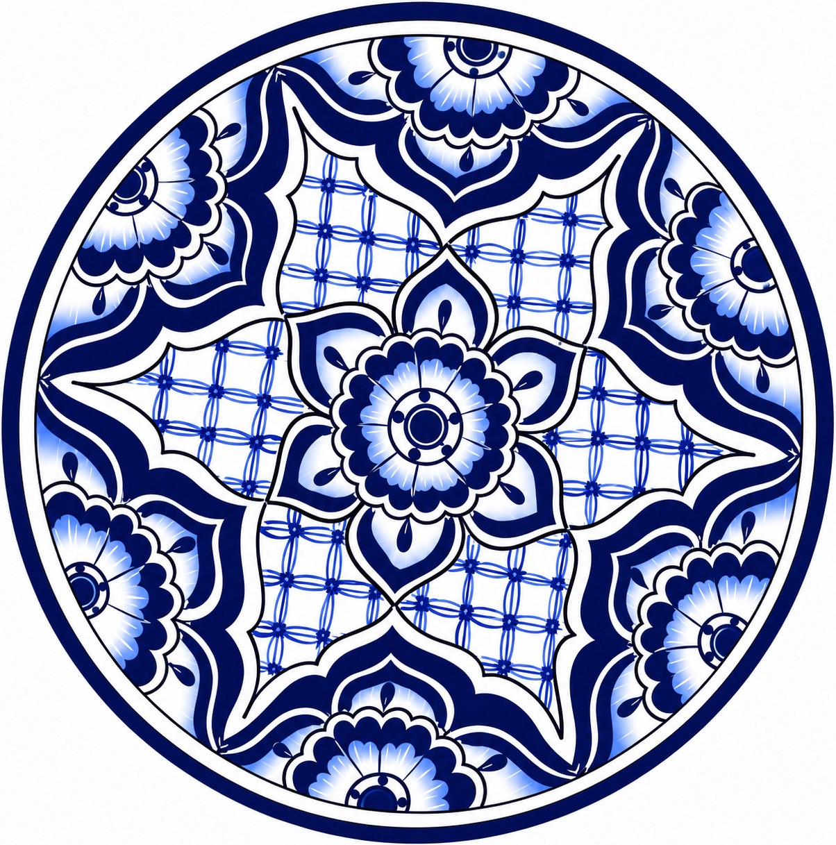 Blue white decorative talavera plate with floral lattice design