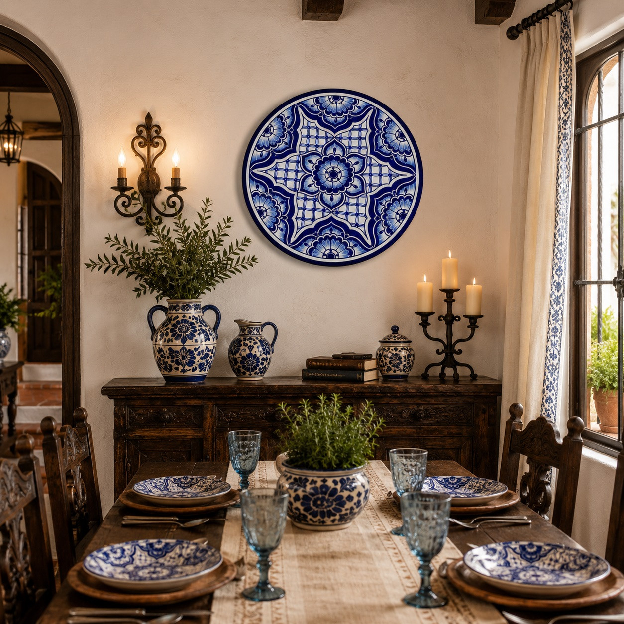 Blue white decorative talavera plate with floral lattice design displayed on a Spanish dining room wall above traditional furniture and ceramic accents
