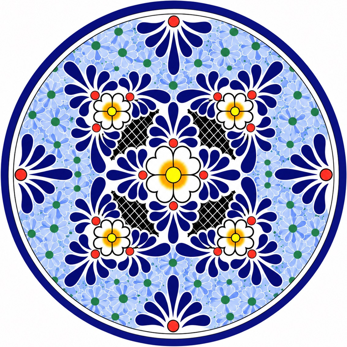 Blue white floral decorative talavera plate with cobalt rim