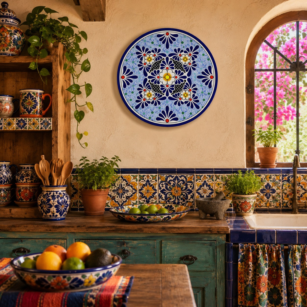 Blue white floral decorative talavera plate with cobalt rim displayed on a colorful Mexican kitchen wall with traditional artisan decor