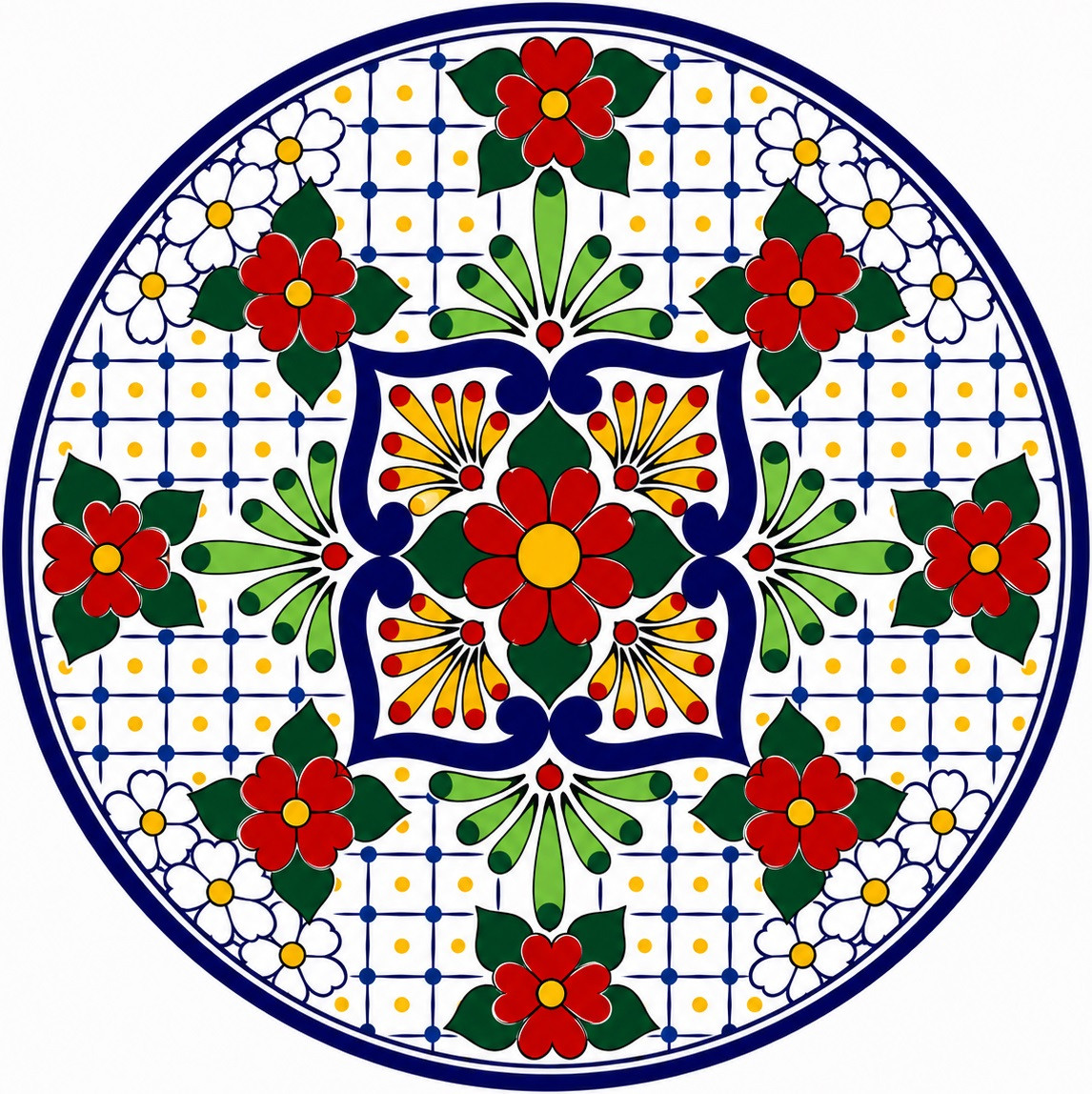 Red floral decorative talavera plate with blue geometric pattern
