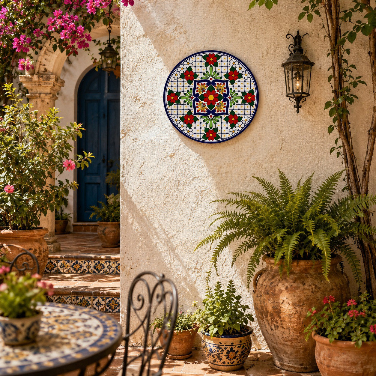 Red floral decorative talavera plate with blue geometric pattern enhancing a Mediterranean courtyard with natural light and greenery