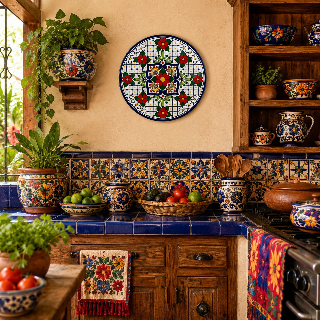 Red floral decorative talavera plate with blue geometric pattern decorating a colorful Mexican kitchen with handcrafted details and charm