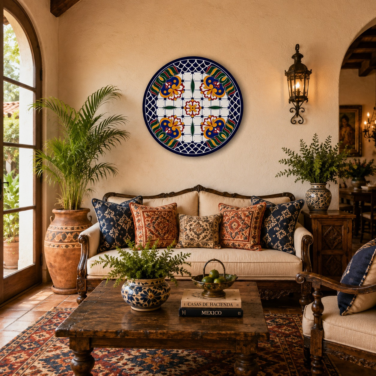 Cobalt blue floral decorative talavera plate with geometric border displayed on a warm hacienda living room wall with rustic wood furnishings