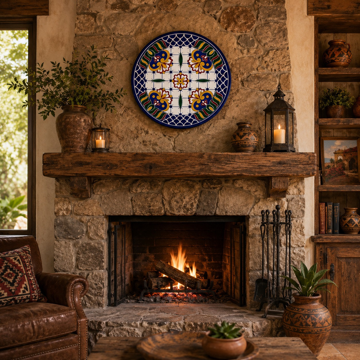Cobalt blue floral decorative talavera plate with geometric border displayed above a rustic fireplace with natural stone textures