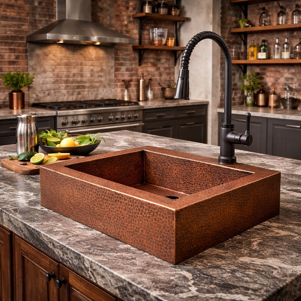 Over-the-counter hammered apron copper bar sink in an industrial modern kitchen