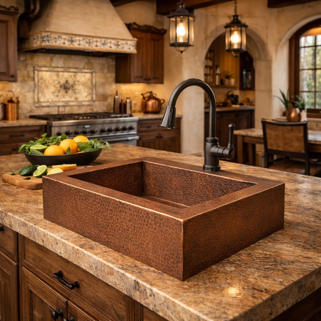 Rustic kitchen equipped with an over-the-counter hammered apron copper bar sink