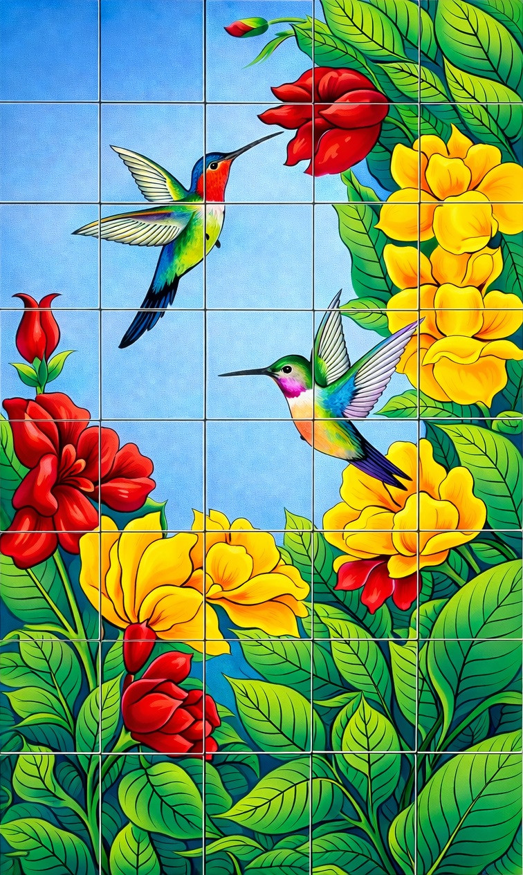 Mexican Hummingbird Floral Talavera Tile Mural Design
