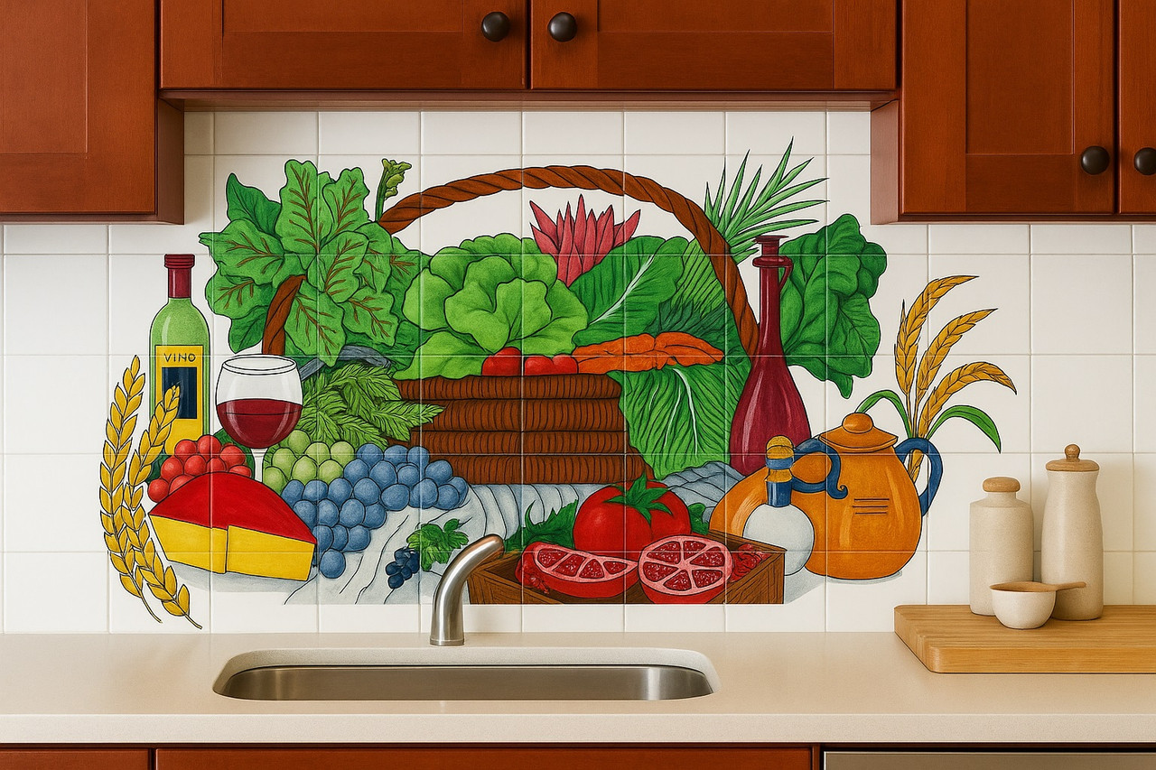 Mexican tile mural vegetable basket installed on a rustic kitchen wall adding warmth and artisan charm