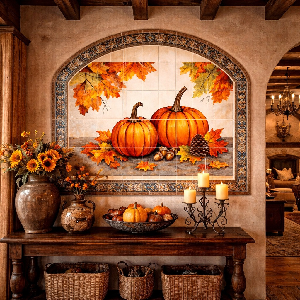 その他 Etain decoration murale Mexican Pumpkin Autumn Talavera Tile Mural Design