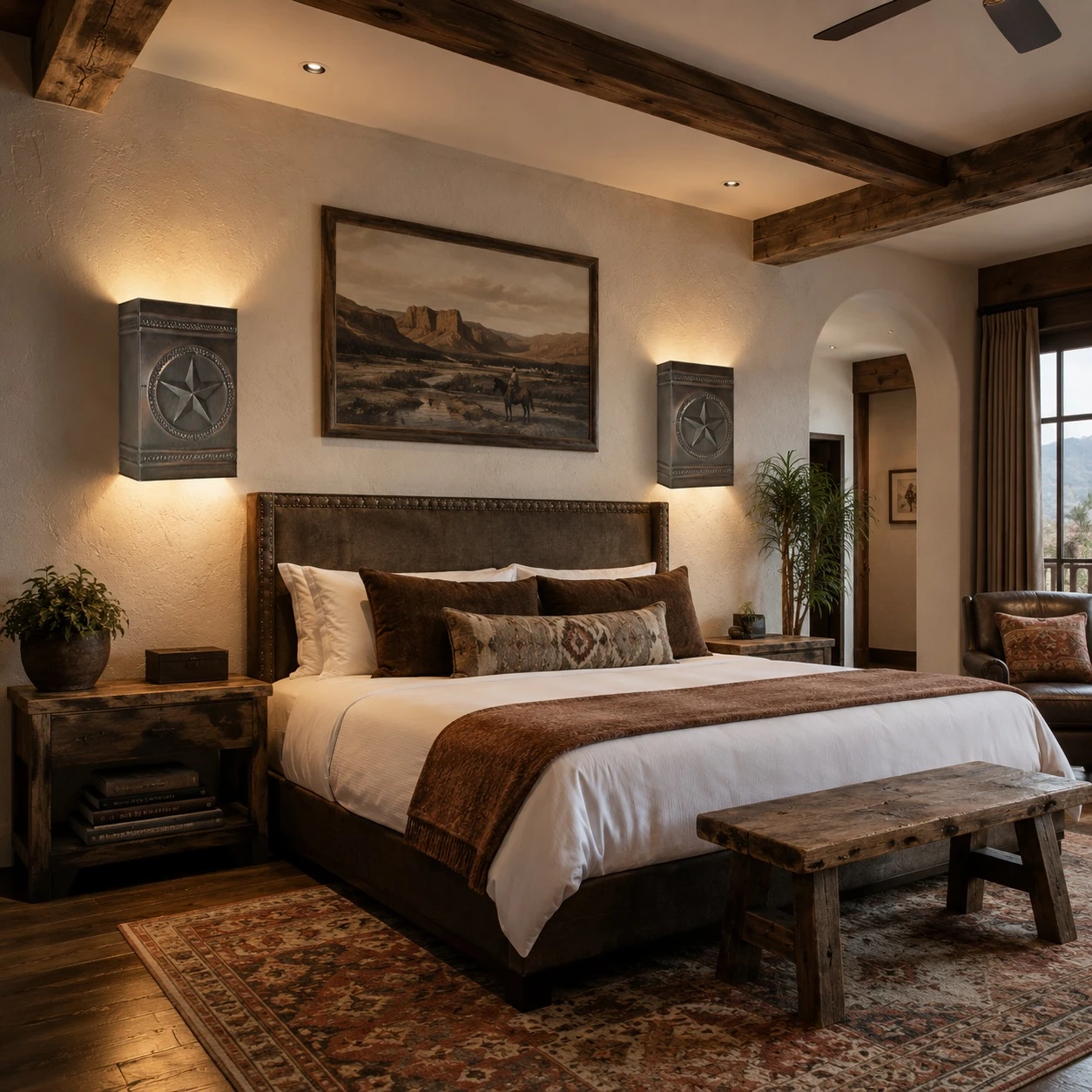 Two texas star embossed tin ranch wall sconces in a boutique hotel with rustic decor