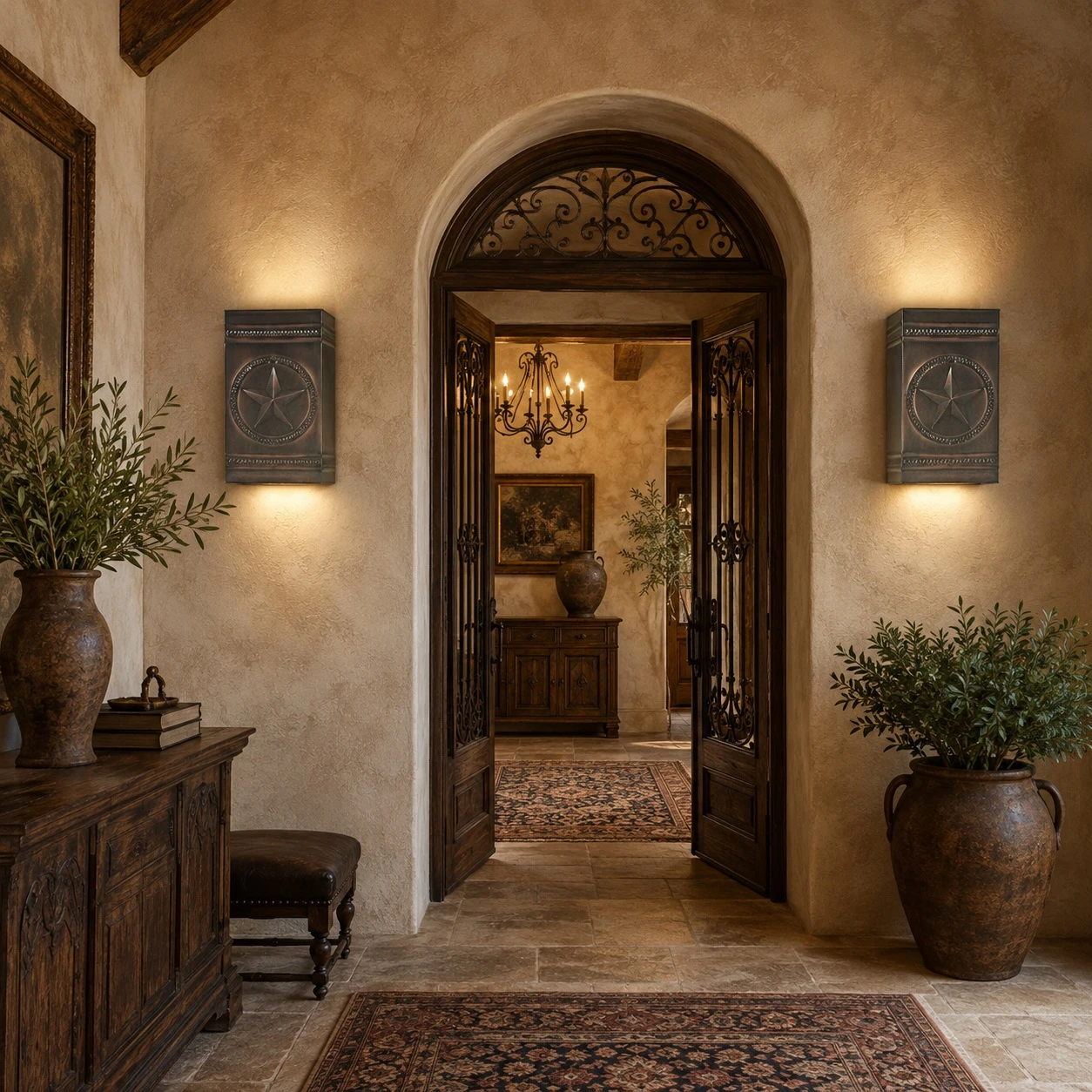 Two texas star embossed tin ranch wall sconces in an old-world entryway with carved wood