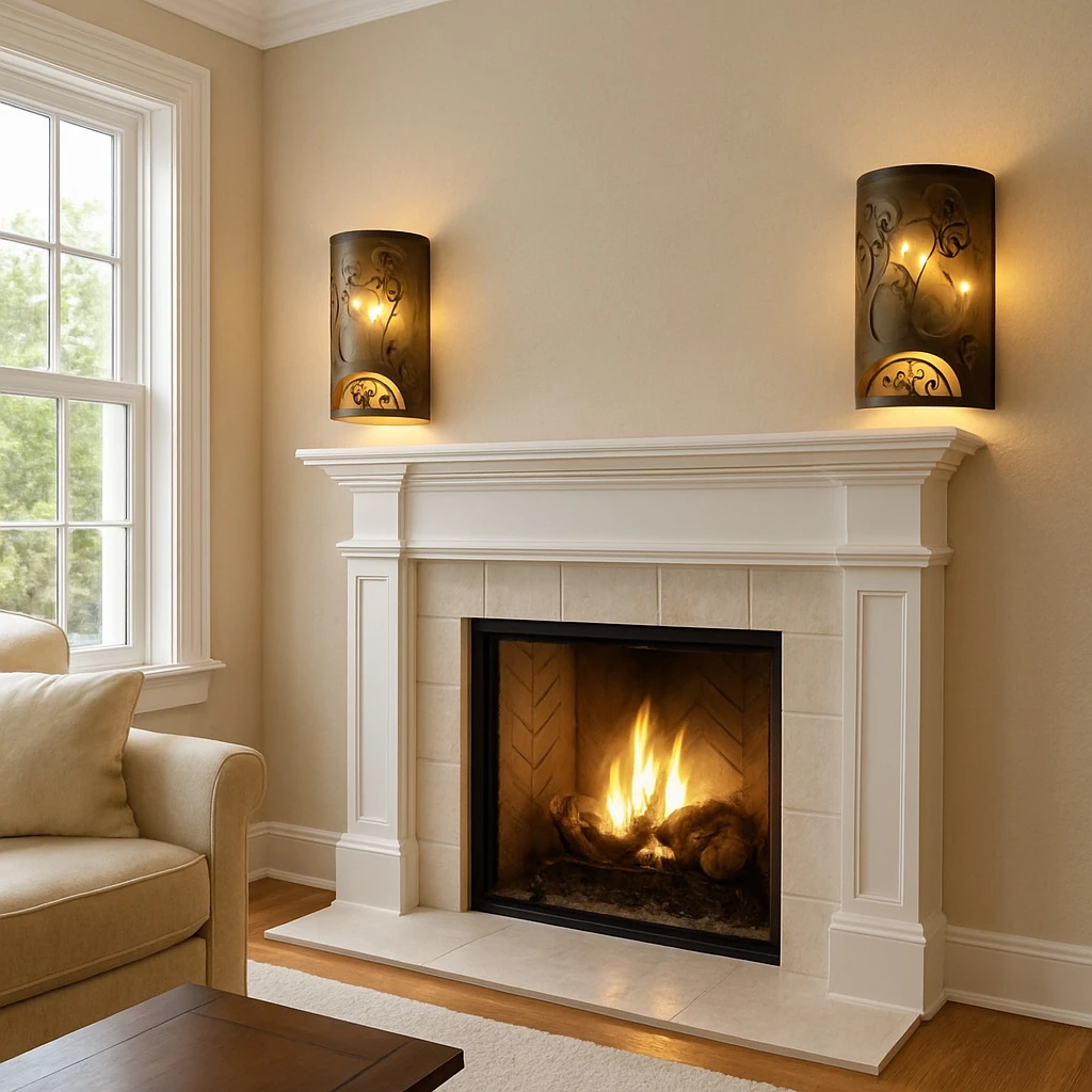 Two hacienda sunburst tin wall sconces with scrolls in a living room installed on both sides of the fireplace