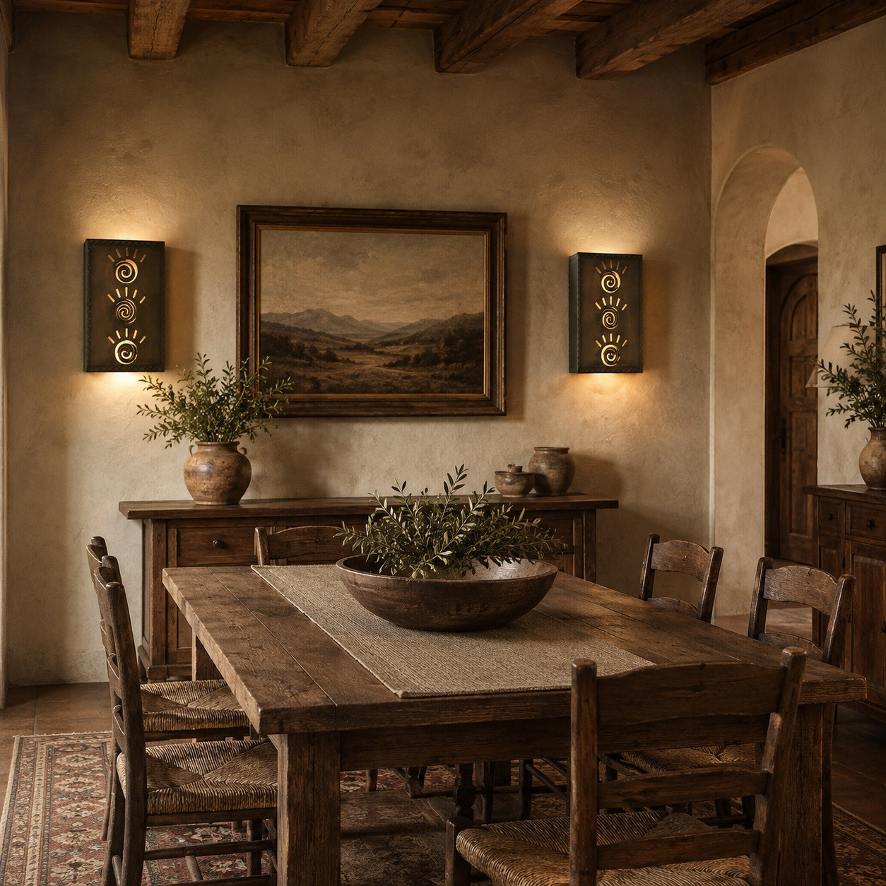 Punched metal wall sconce with spiral sunburst cutouts in a rustic dining room