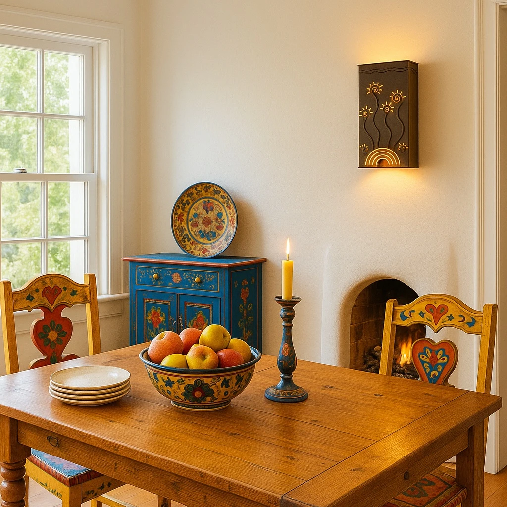 Wall light shade with sun and rainbow design illuminating a folk art style dining room