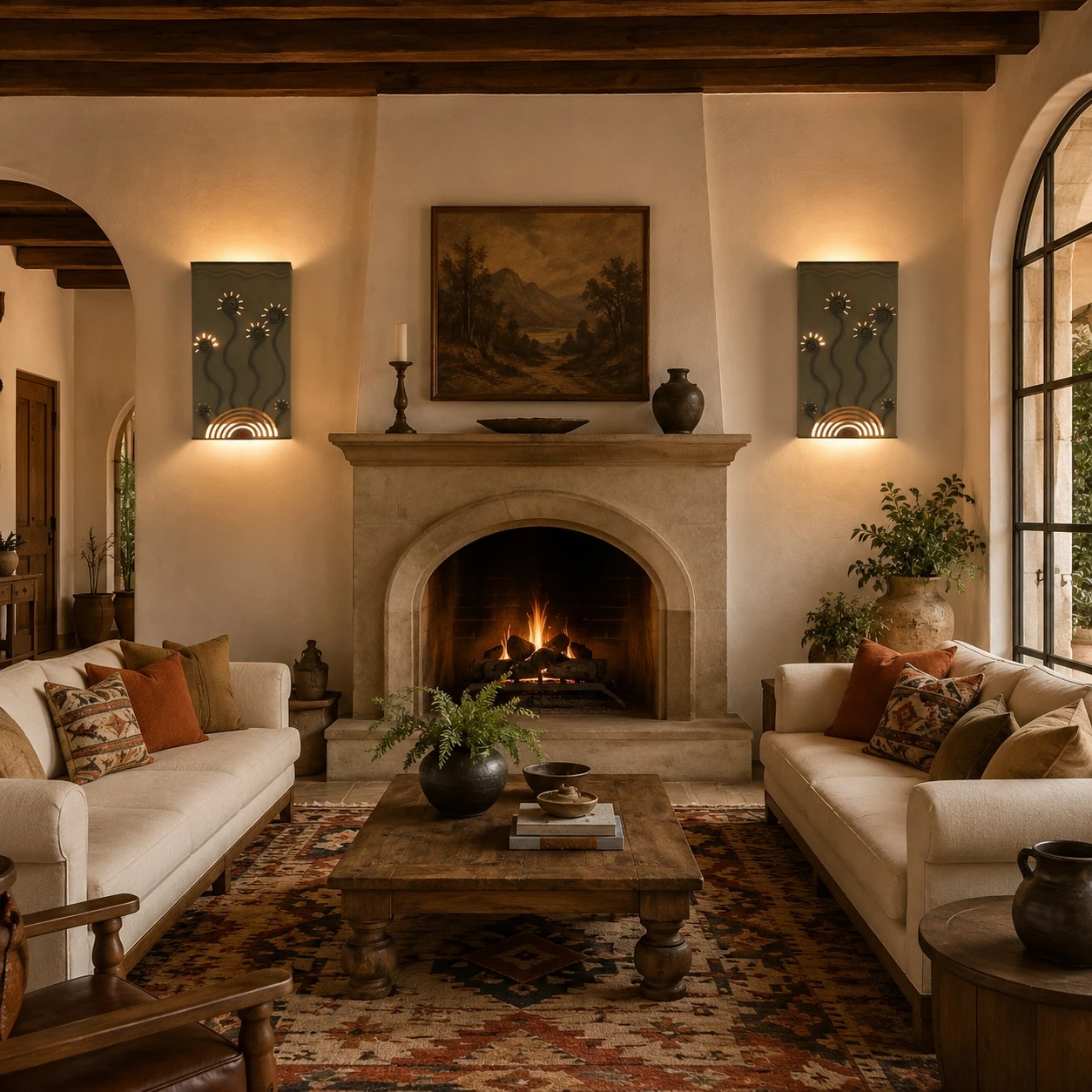 Two wall light shade with sun and rainbow design in a hacienda living room with warm rustic decor