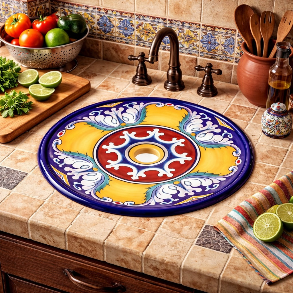 Round talavera bathroom sink yellow blue floral design in rustic kitchen as decorative prep sink