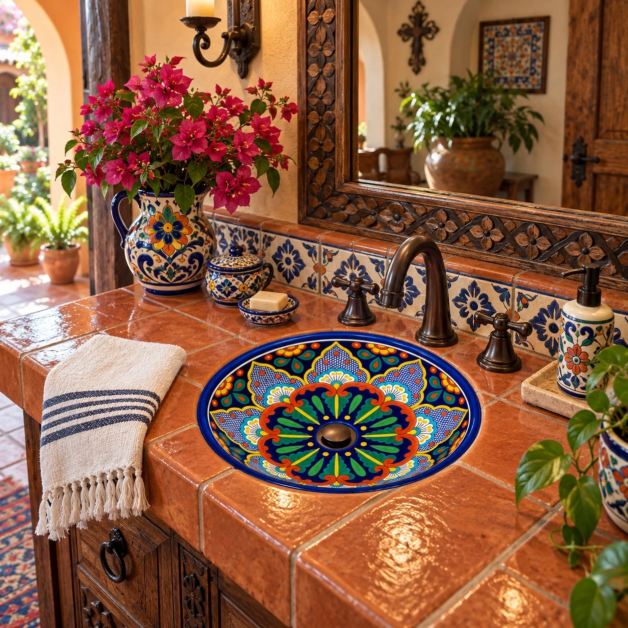 Round talavera bathroom sink floral geometric design in a colorful Mexican hacienda