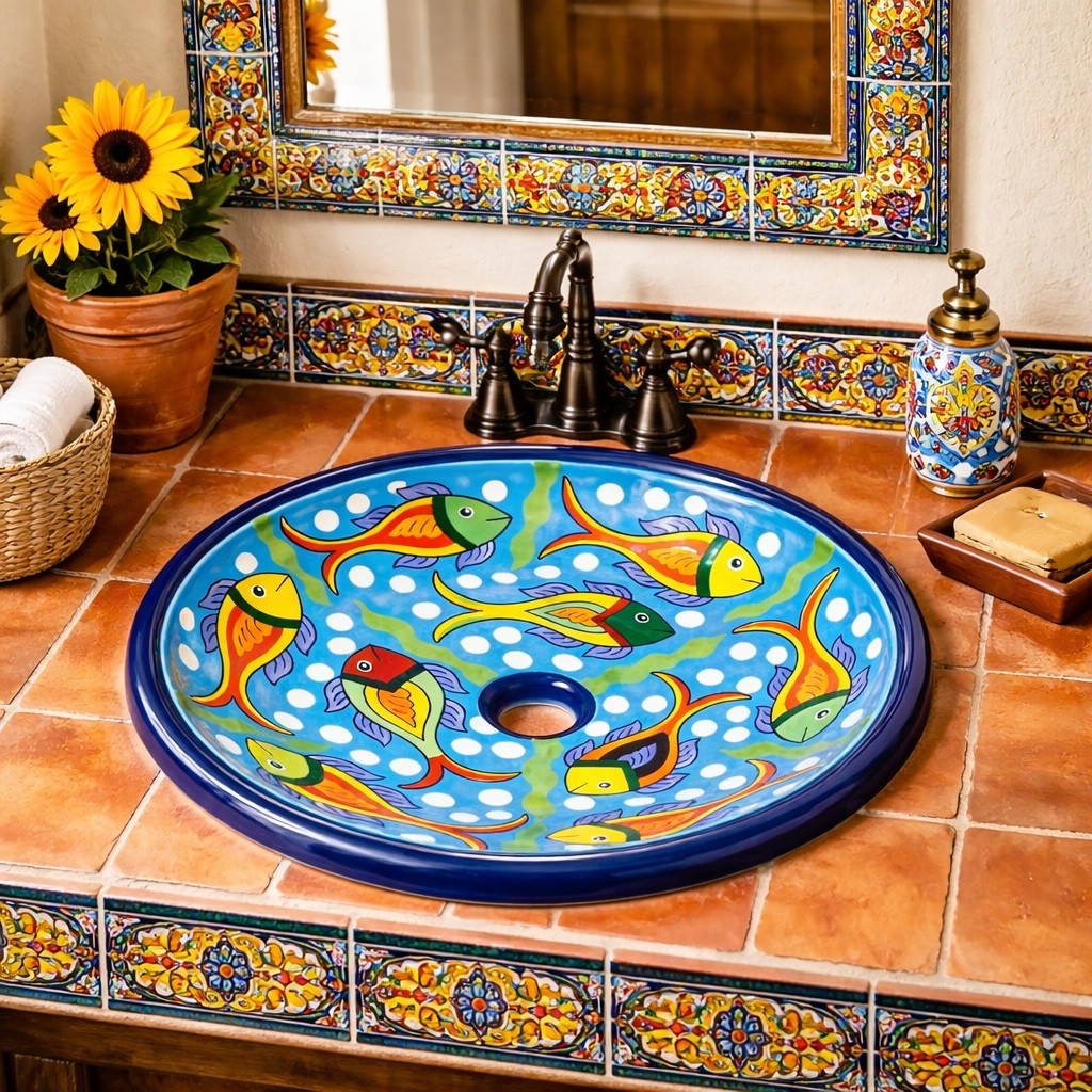 Round talavera bathroom sink colorful fish design in Spanish style bathroom with tile accents