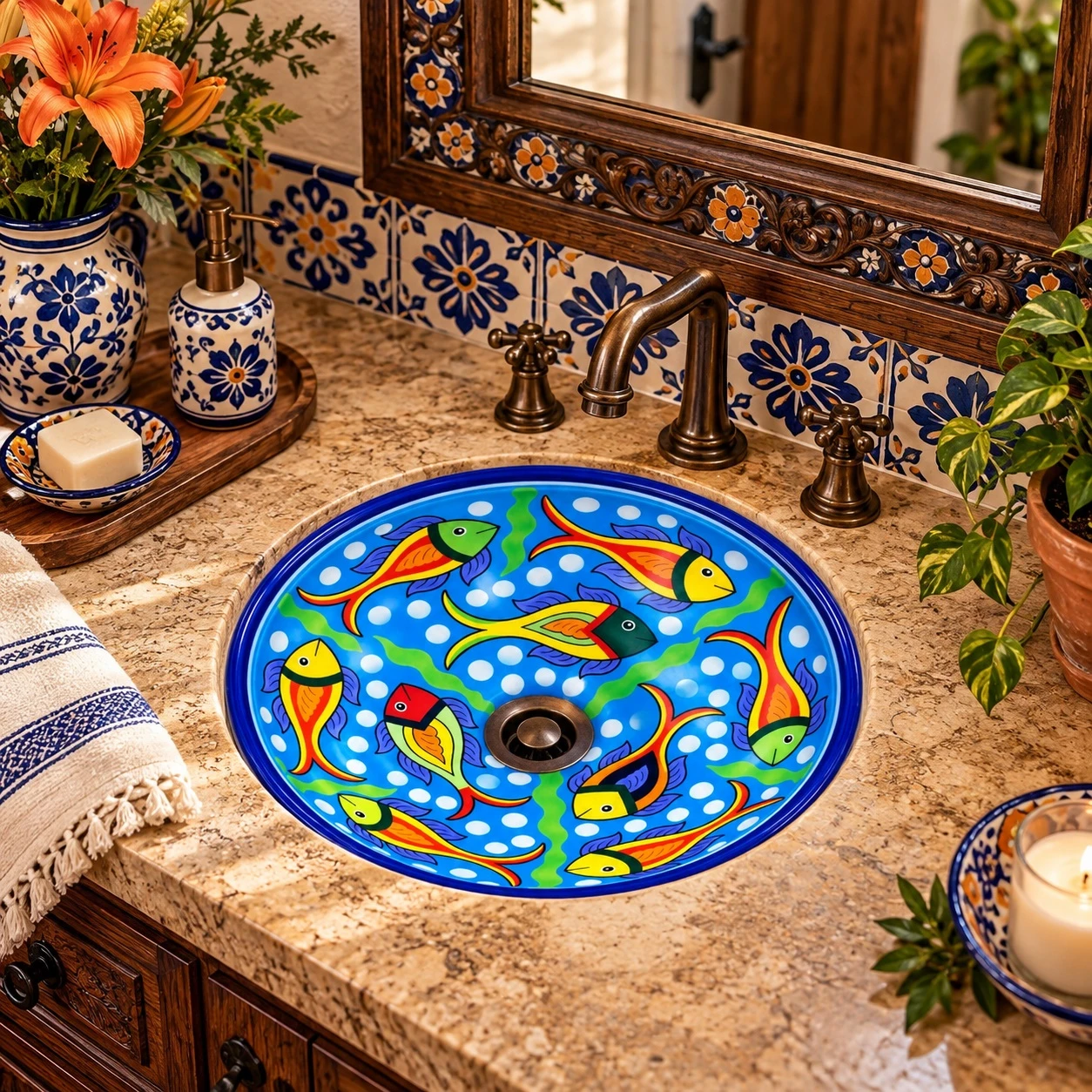 Round talavera undermount bathroom sink colorful fish design in a Spanish vanity setting