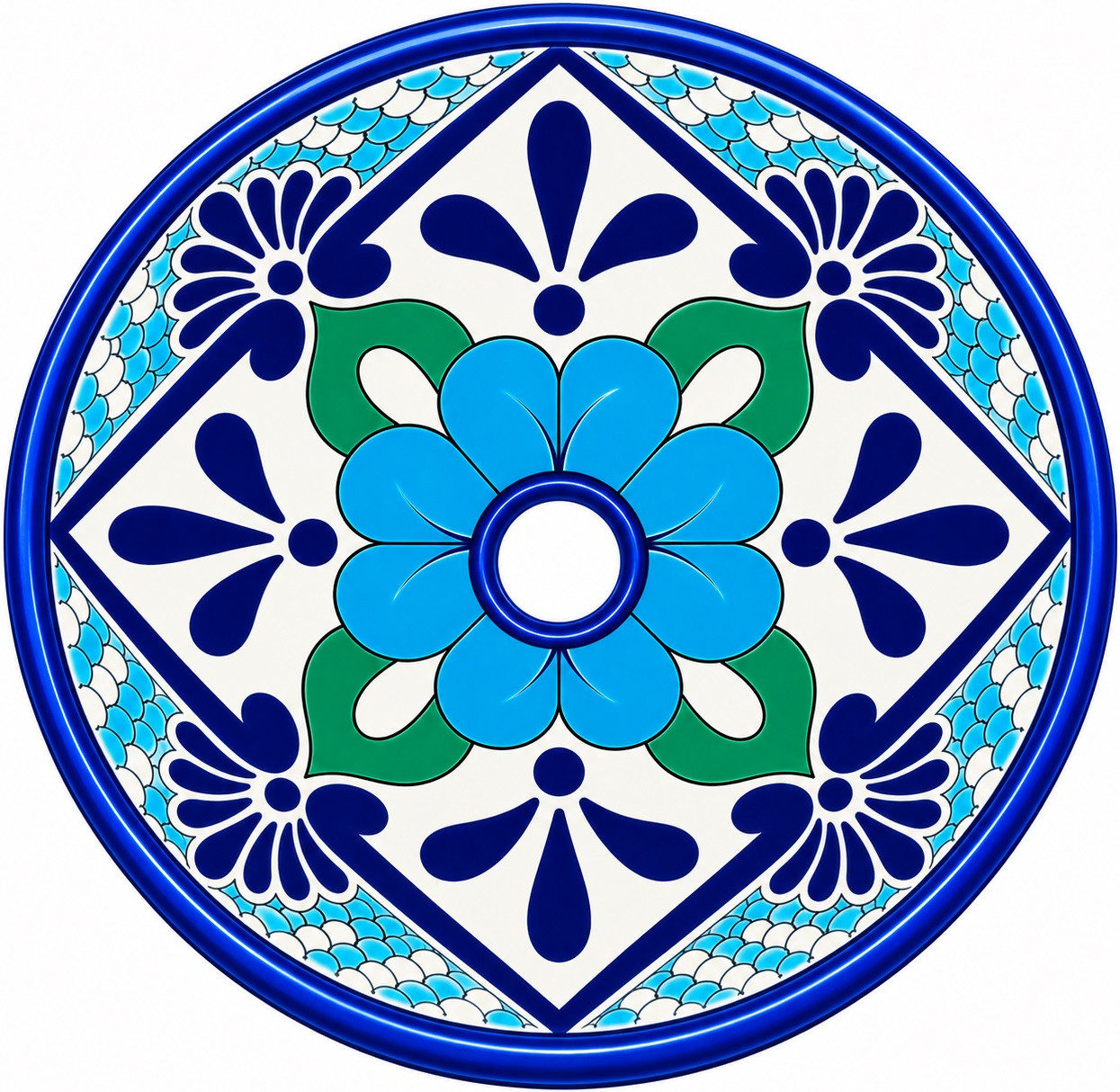 Round talavera bathroom sink turquoise floral design