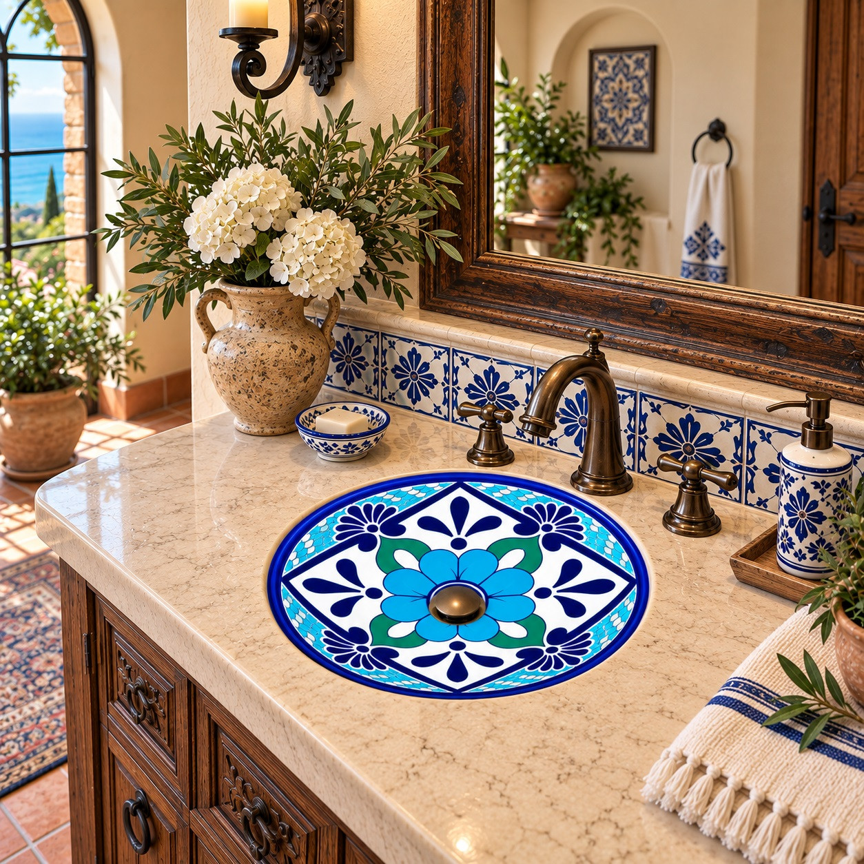 Round talavera bathroom sink turquoise floral design in a bright Mediterranean bathroom