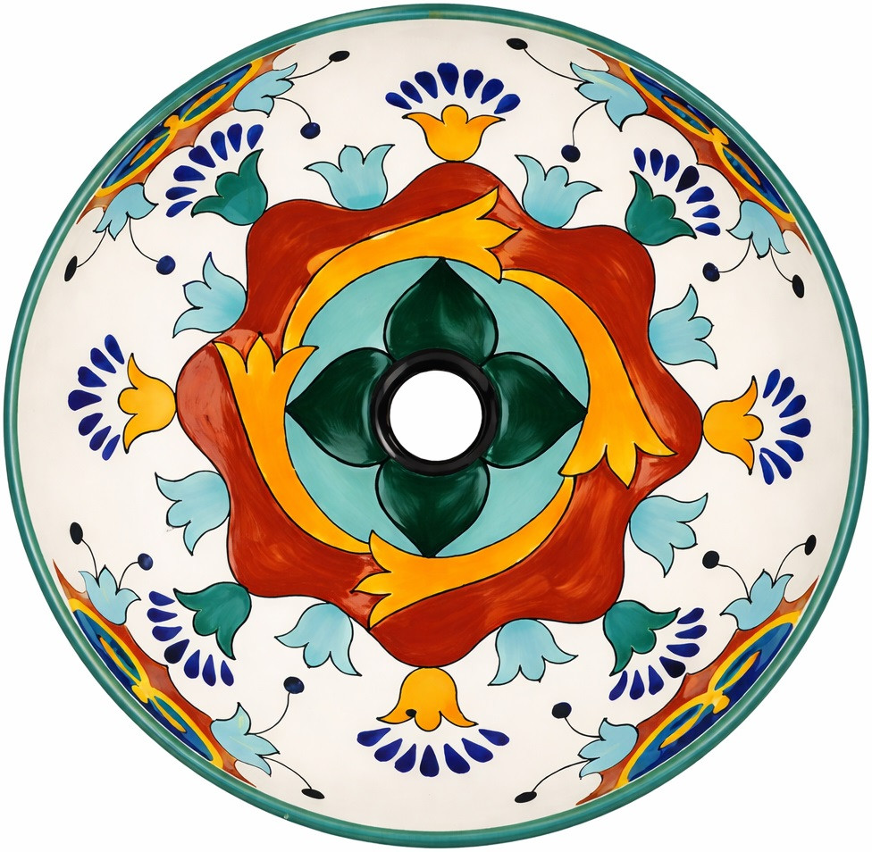 Round talavera bathroom sink terracotta floral design