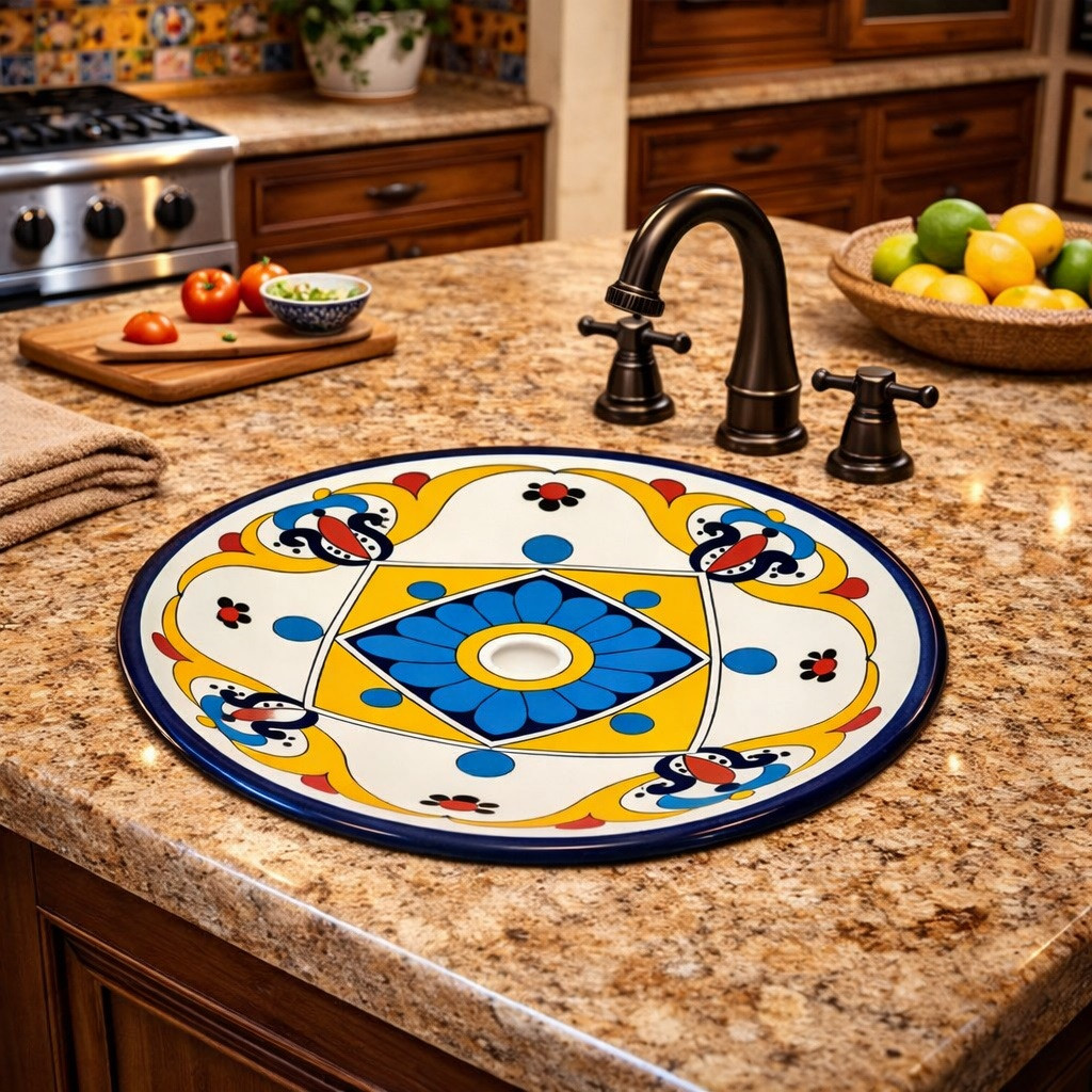 Round talavera bathroom sink blue flower design Mexico in a kitchen island with natural stone countertop and warm wood cabinetry