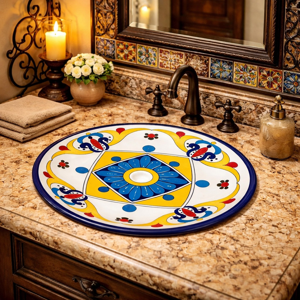 Round talavera bathroom sink blue flower design Mexico styled in a Spanish vanity with wrought iron mirror and tile accents