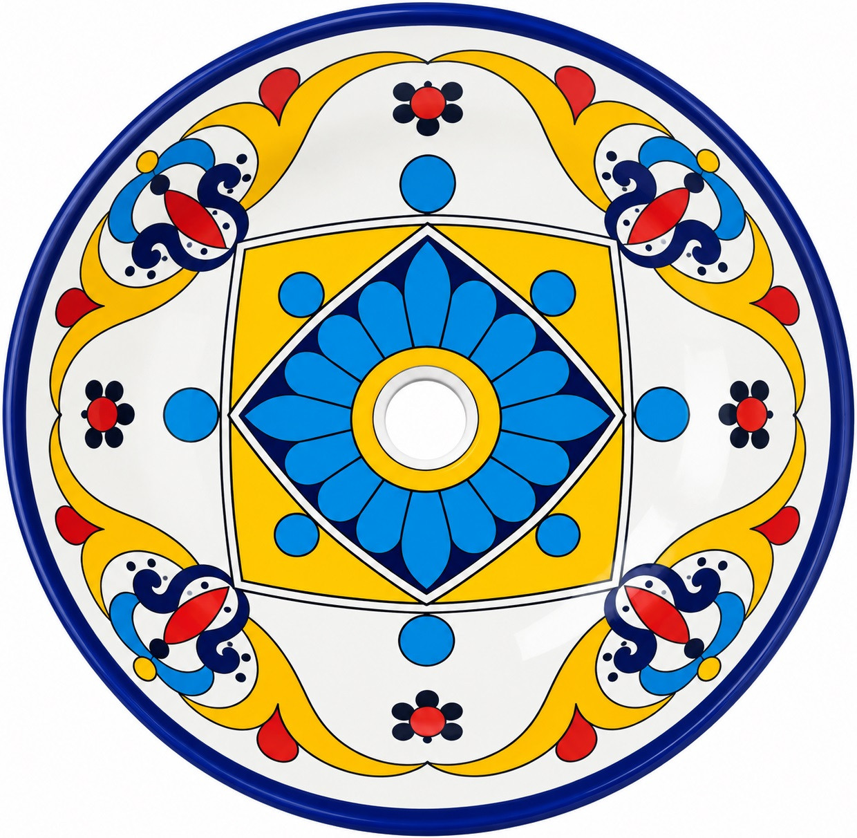 Round talavera bathroom sink blue flower design Mexico