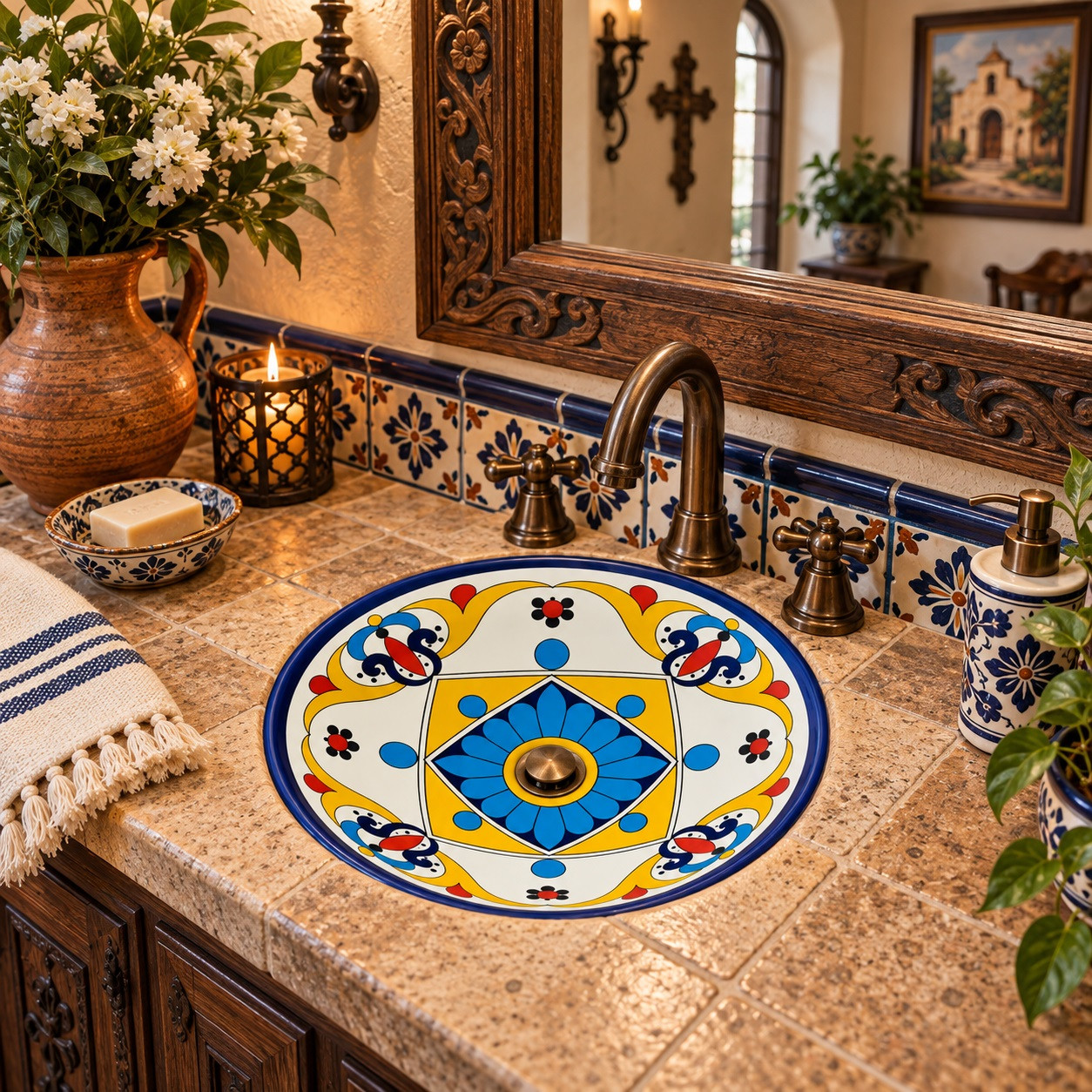 Round talavera bathroom sink blue flower design Mexico in a Spanish colonial bathroom
