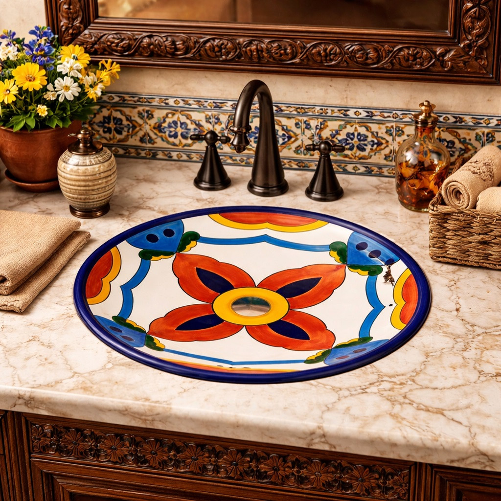 Round talavera bathroom sink terracotta petal motif in a Mediterranean vanity with natural light