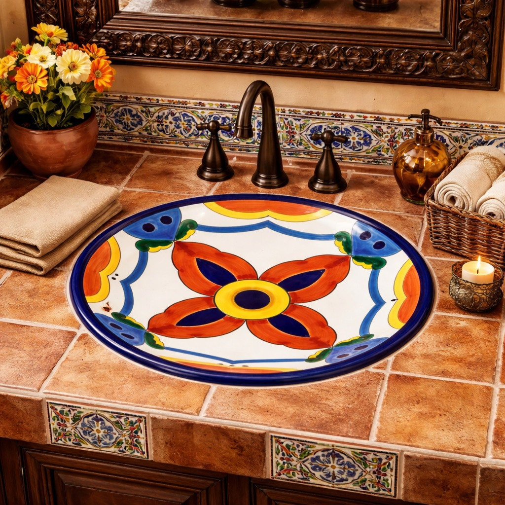 Round talavera bathroom sink terracotta petal motif in a Spanish bathroom with warm tones