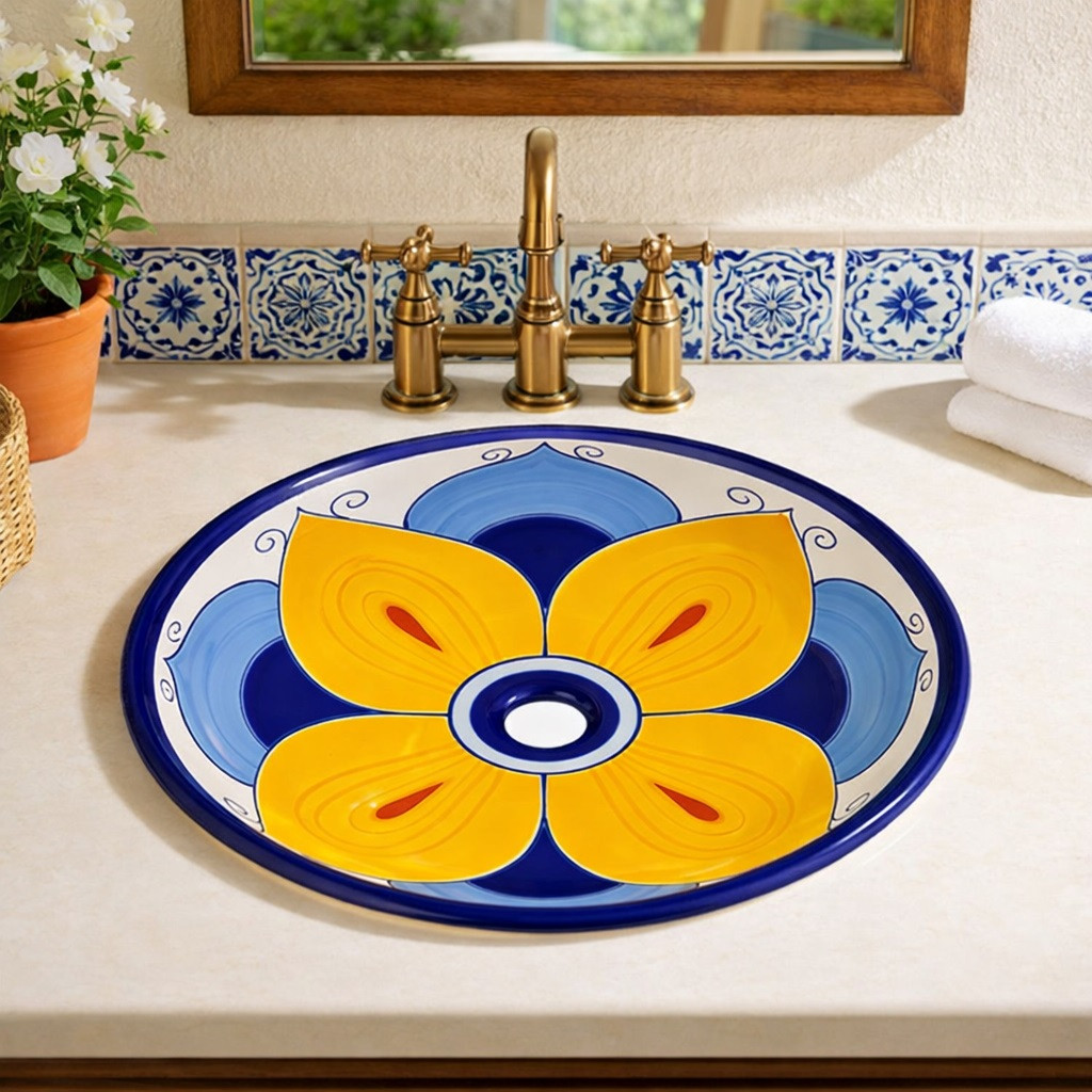 Round talavera bathroom sink yellow floral design in a Mediterranean vanity with natural light