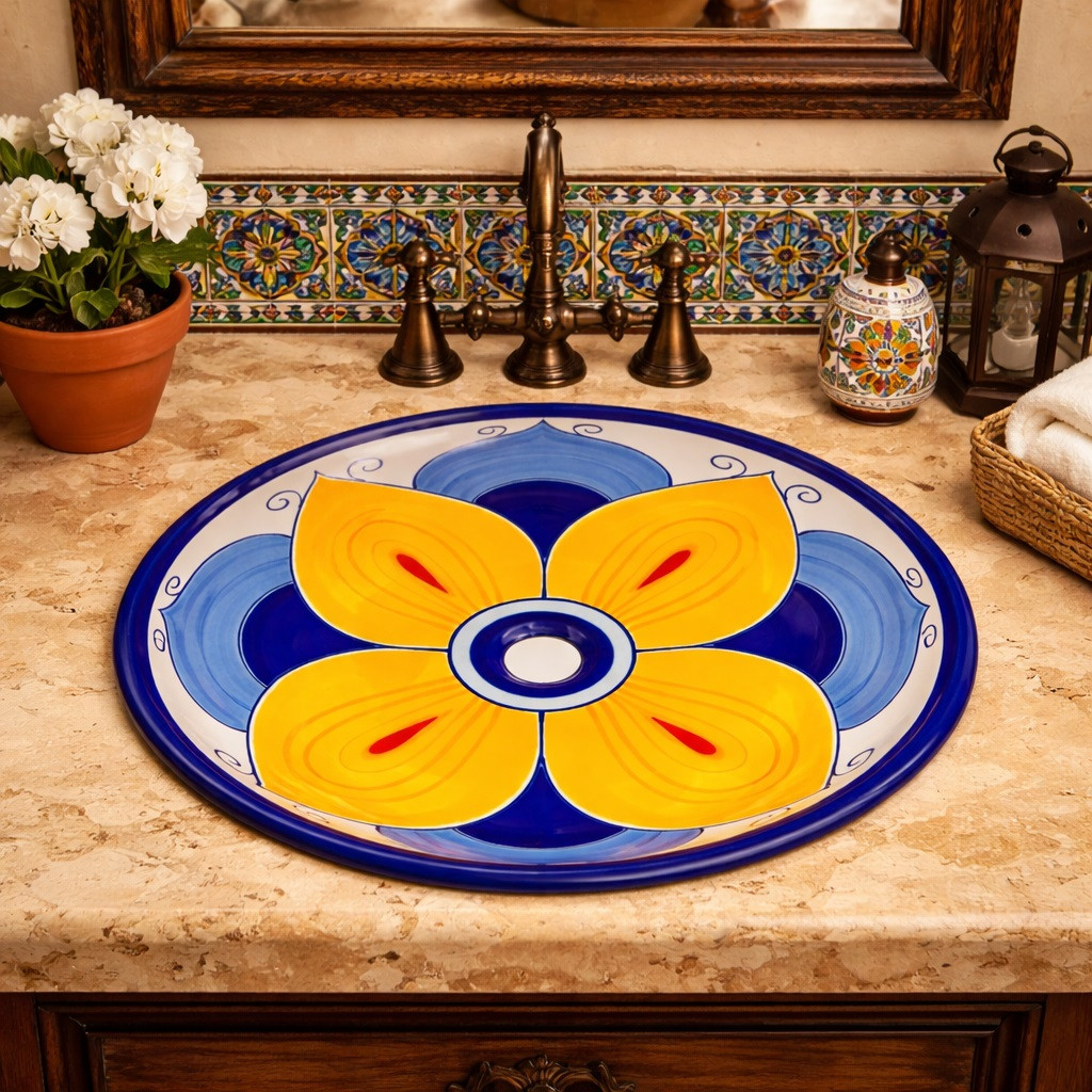 Round talavera bathroom sink yellow floral design in a Spanish bathroom with warm tones
