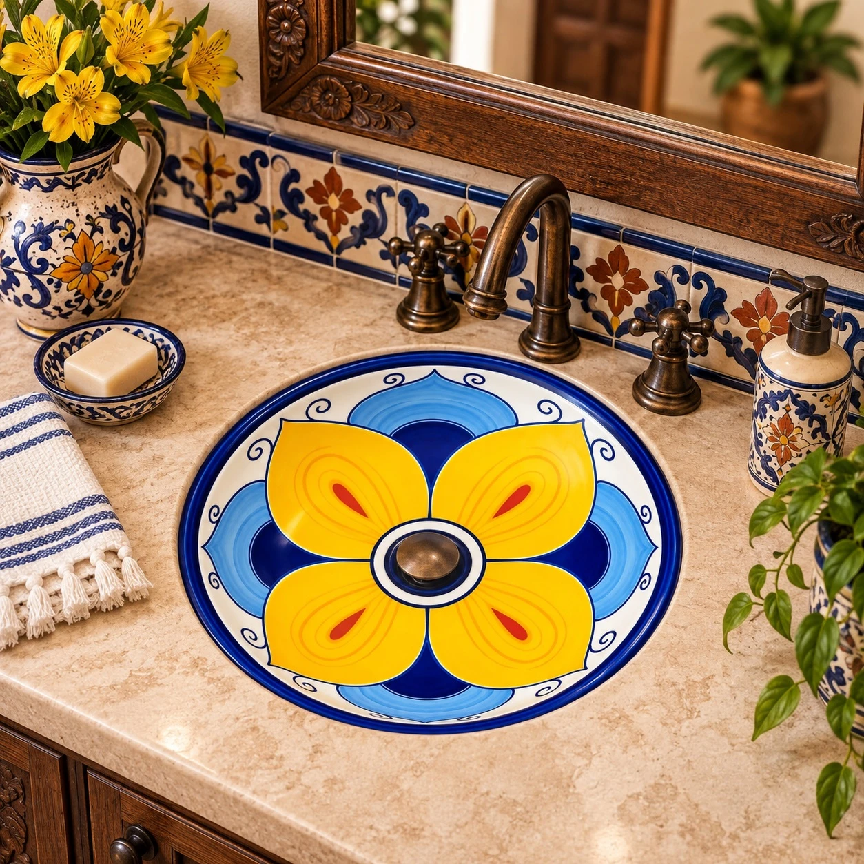 Round talavera bathroom sink with yellow flower design in a Spanish Revival bathroom