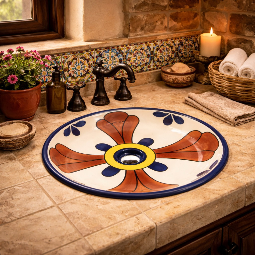 Round talavera bathroom sink terracotta cross pattern Mexico placed in a hacienda bathroom with stone walls and wood accents