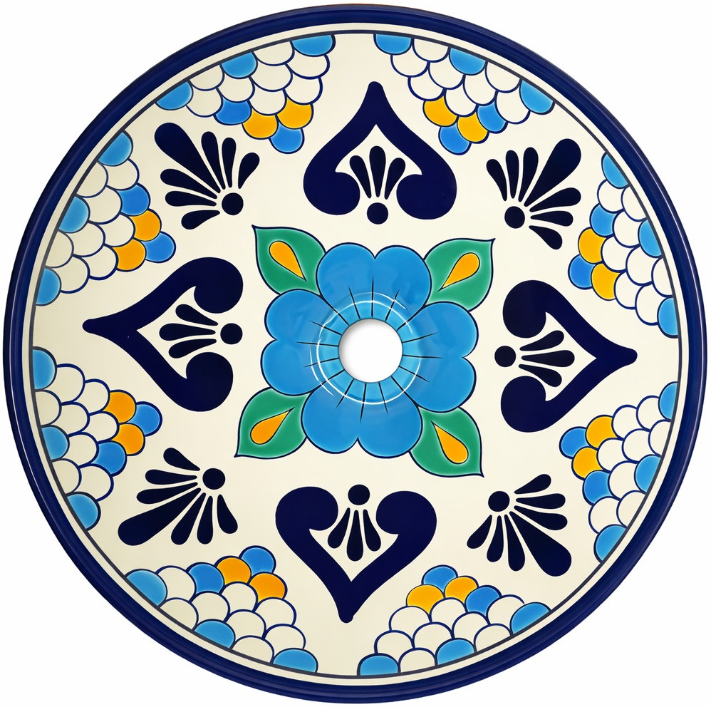 Round talavera bathroom sink blue floral heart design