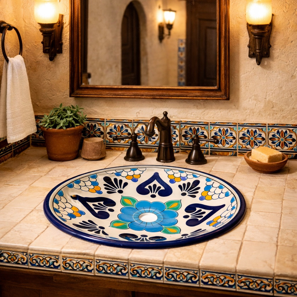 Round talavera bathroom sink blue floral heart design in hacienda bathroom with rustic textures and warm lighting