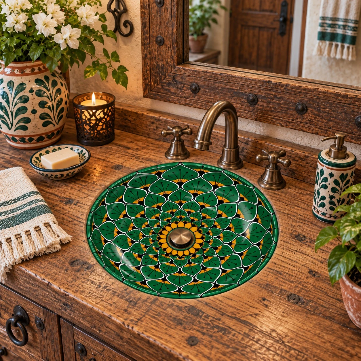 Round talavera bathroom sink green mandala design Mexico in a rustic wood vanity