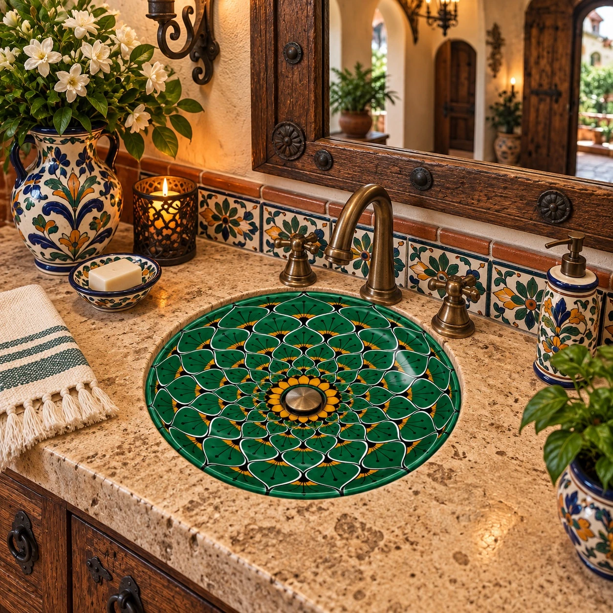 Round talavera bathroom sink green mandala design Mexico in a Mexican hacienda bath