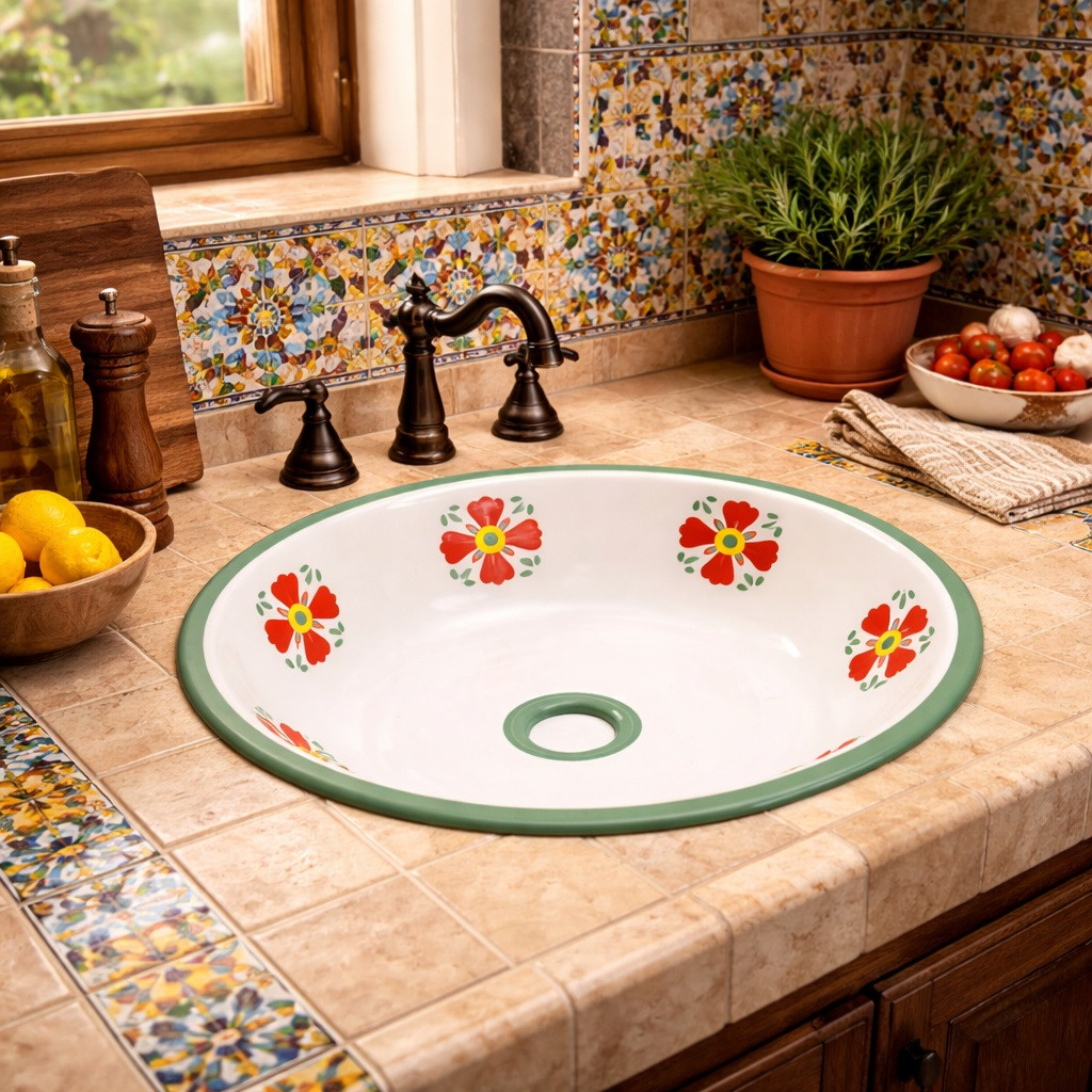 Round Mexican bathroom sink terracotta floral talavera style styled in a Mediterranean kitchen with tile accents and natural light