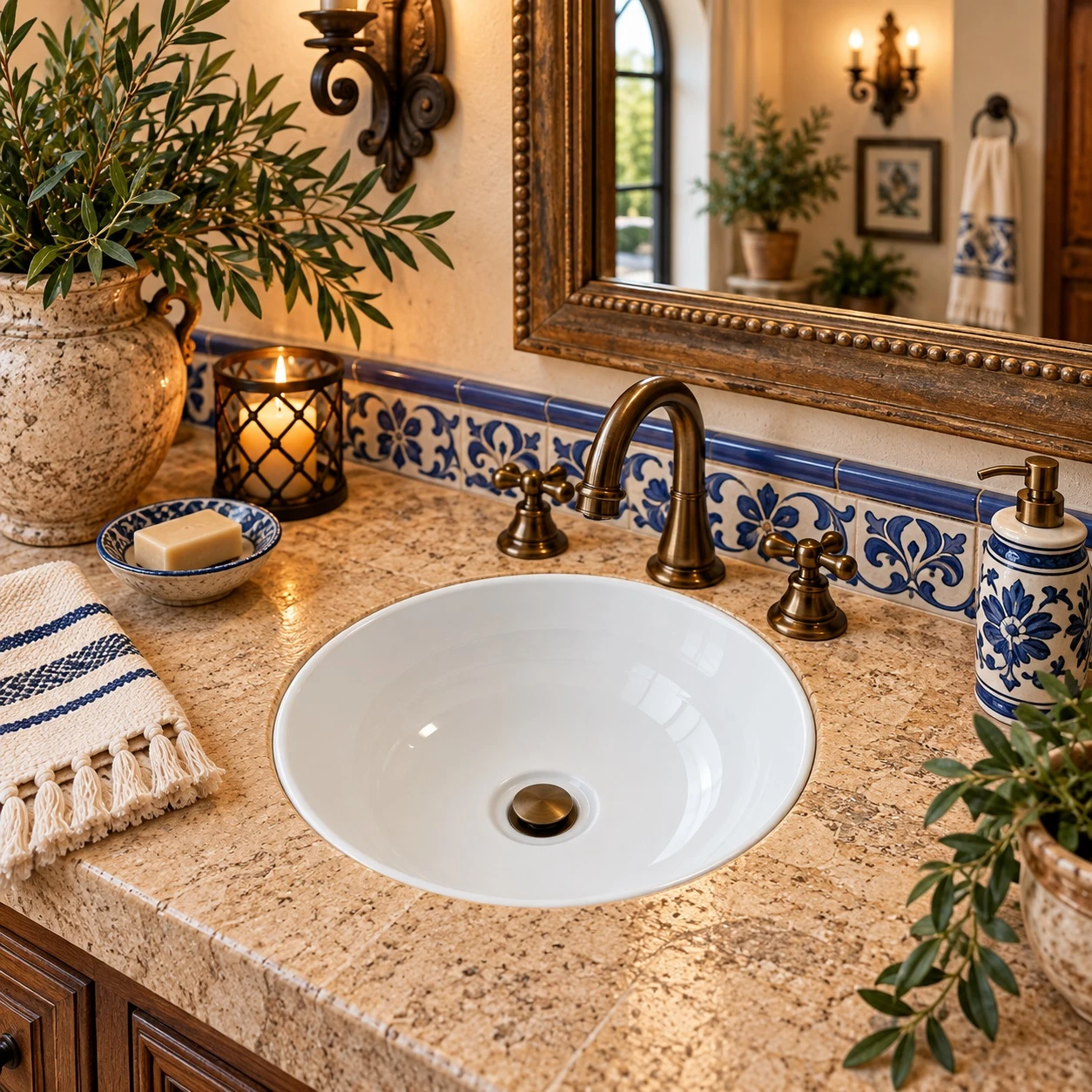 Round white talavera bathroom sink modern ceramic design in a Mediterranean vanity setting