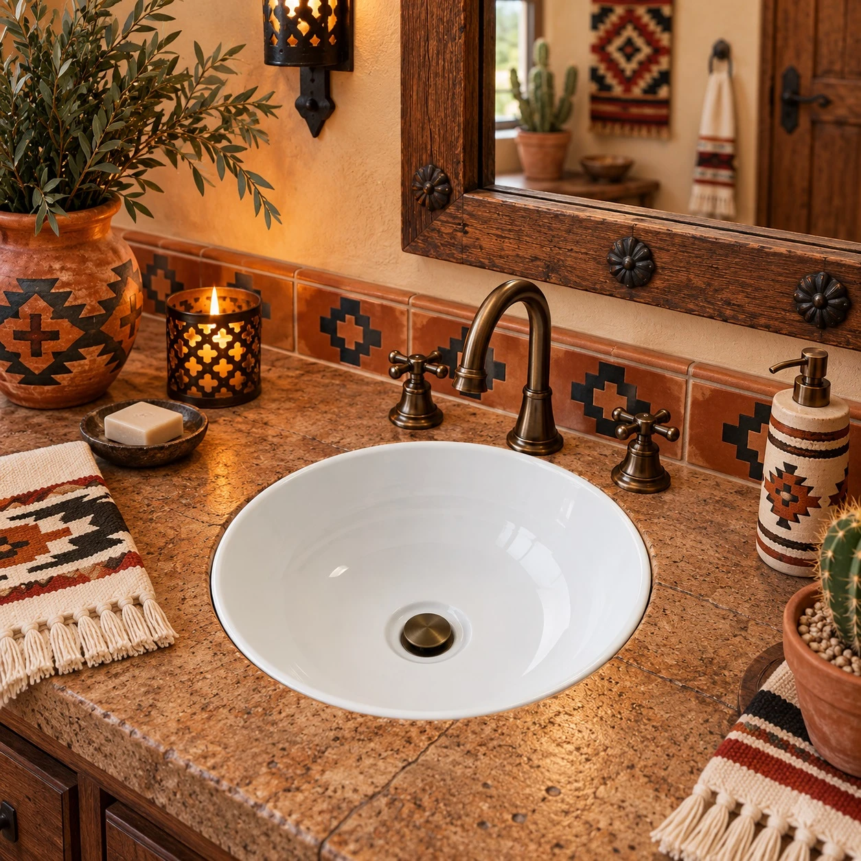 Round white talavera bathroom sink modern ceramic design in a Southwestern bathroom interior