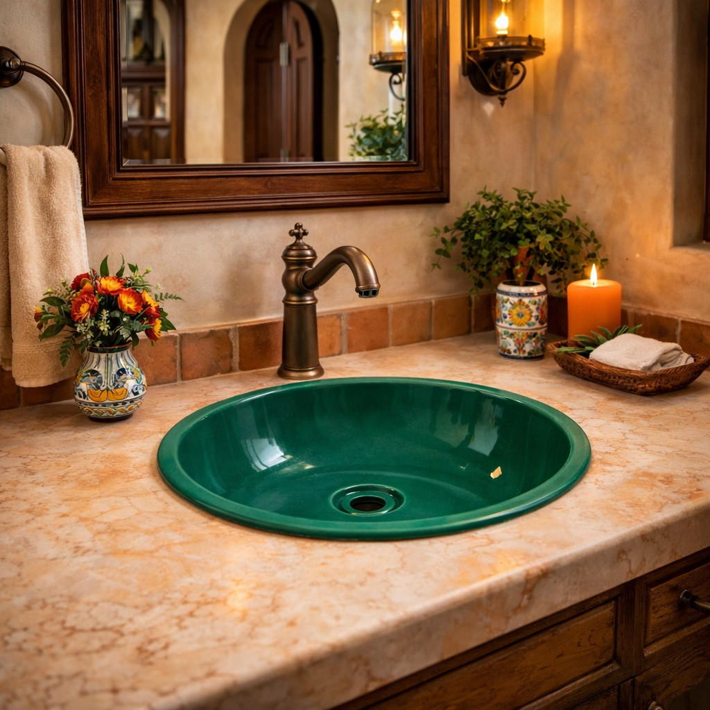 Round talavera bathroom sink solid green gloss design in a hacienda bathroom with rustic details